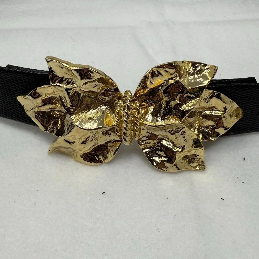 Vintage Gay Boyer Black Belt Gold Leaf Flower Bow Buckle ~29
